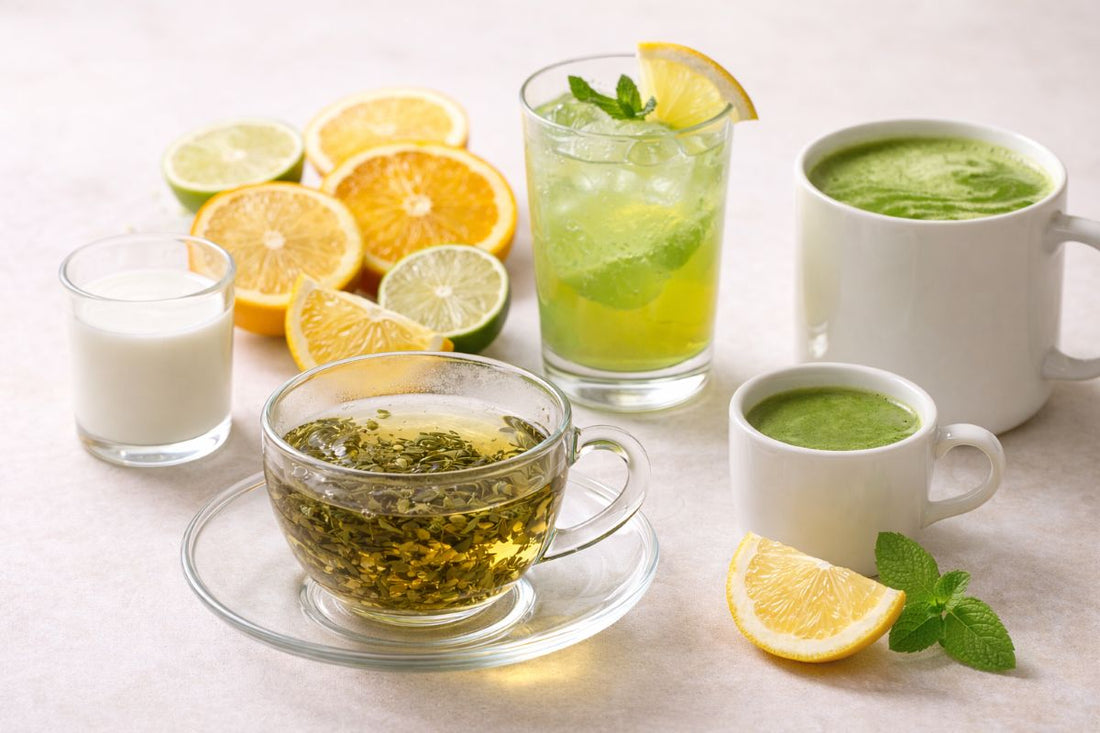 A glass of green tea with fresh lemon slices, one easy way to drink green tea daily