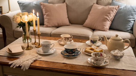 Bridgerton inspired tea party set up in a living room, not affiliated with Netflix