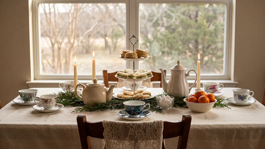 Christmas tea party table set with mismatched teacups, teapots, and a tiered tray of treats