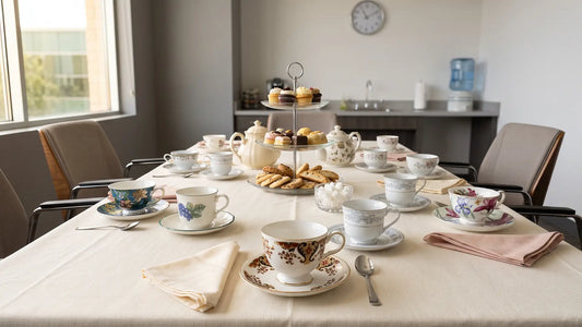 Office break room table set with teacups and a tiered tray for an employee appreciation tea break