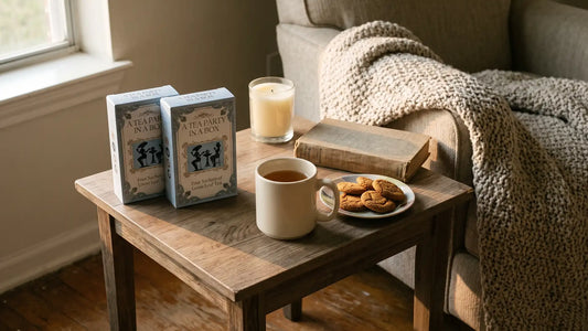 Cozy fall self care ideas kit with 2 tea boxes, a mug, ginger snaps, a book and a blanket