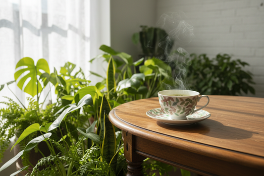 Cup of green tea in a teacup and saucer, brewed smooth instead of bitter