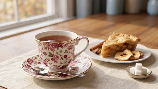 A cup of dessert tea beside a slice of apple pie, cinnamon sticks and dried apple