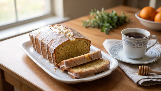 Earl Grey tea cake recipe result: a honey glazed loaf sliced beside a cup of black tea