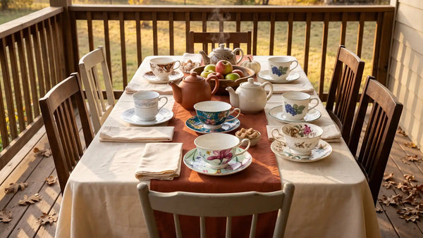 Fall tea party table on a Texas porch with teapots, mismatched china and a bowl of apples
