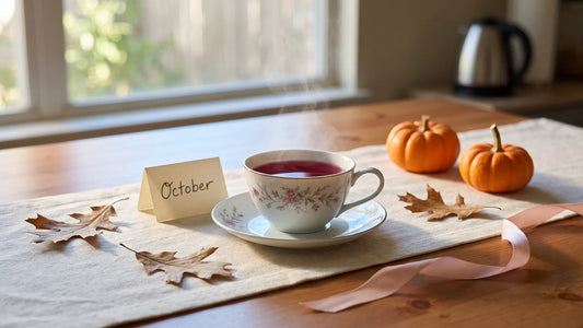 Ruby red tea in a vintage teacup on a kitchen table with an October card, dried leaves and a pink ribbon