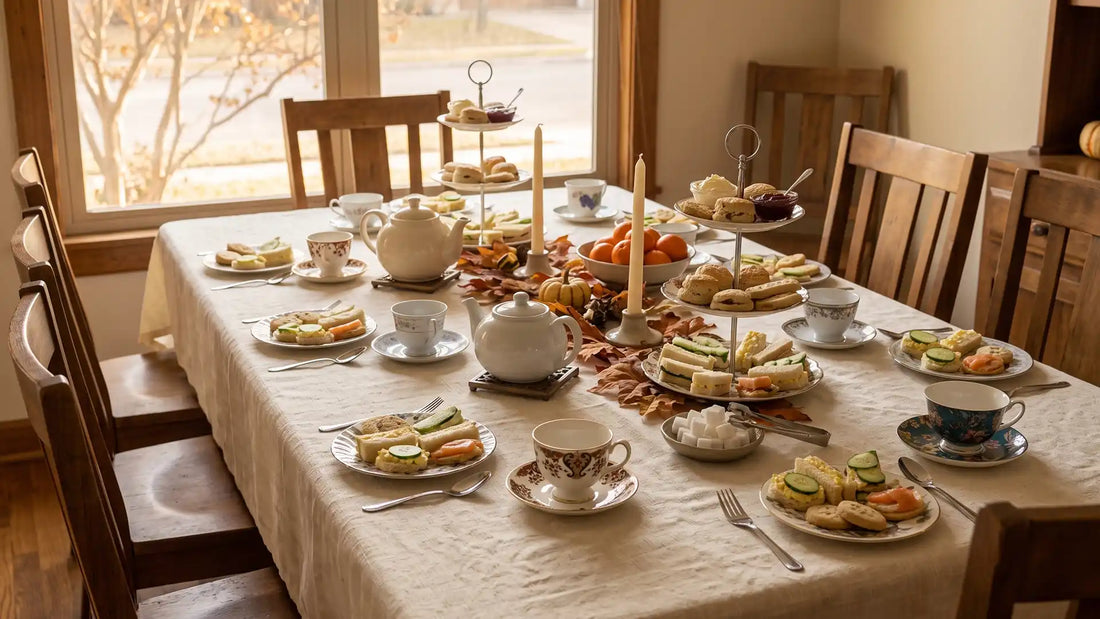 Friendsgiving tea party table set for eight with mismatched teacups, teapots and tiered dessert stands
