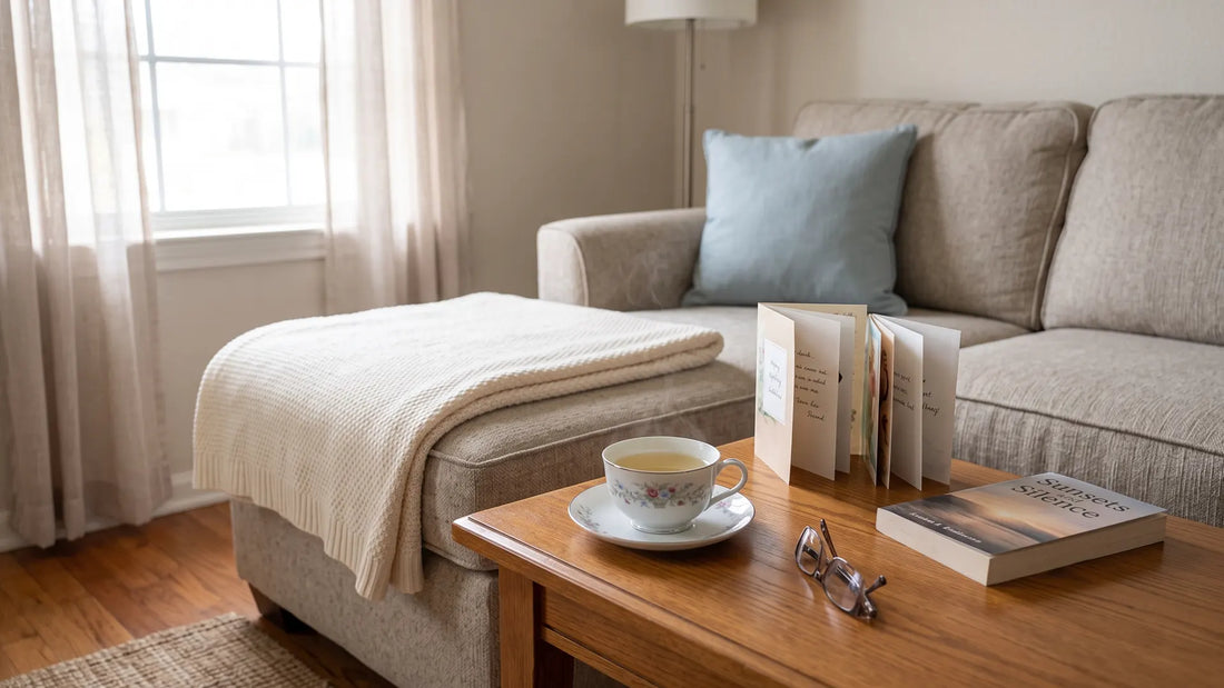 A cup of tea, a blanket, and get well cards on a side table in a quiet living room