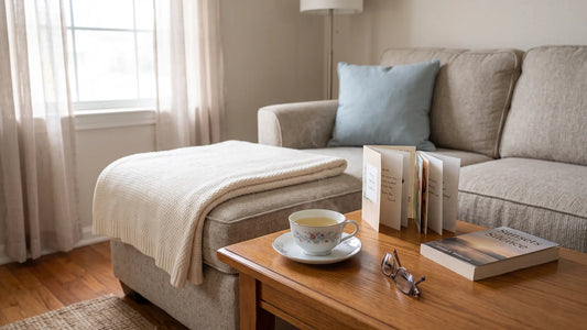A cup of tea, a blanket, and get well cards on a side table in a quiet living room