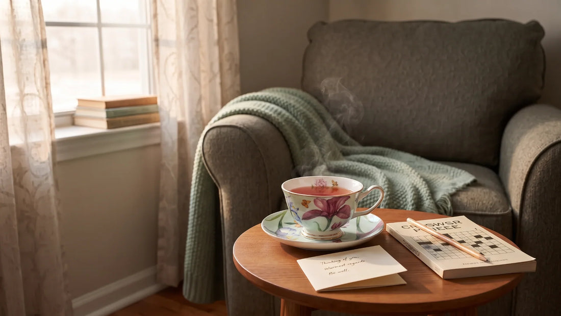 Teacup, folded note and soft throw on a side table, a gift for someone going through chemo