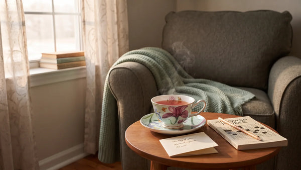 Teacup, folded note and soft throw on a side table, a gift for someone going through chemo