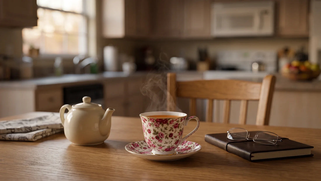 Kitchen table with one cup of tea poured and a chair pulled out, a gift idea for busy moms