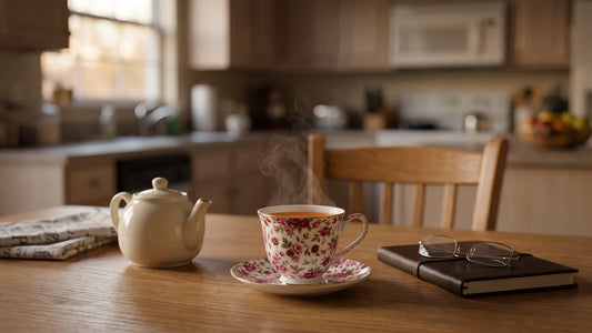 Kitchen table with one cup of tea poured and a chair pulled out, a gift idea for busy moms