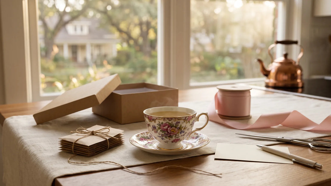 Gifts for tea lovers being wrapped at a kitchen table with a teacup, ribbon and a kraft gift box
