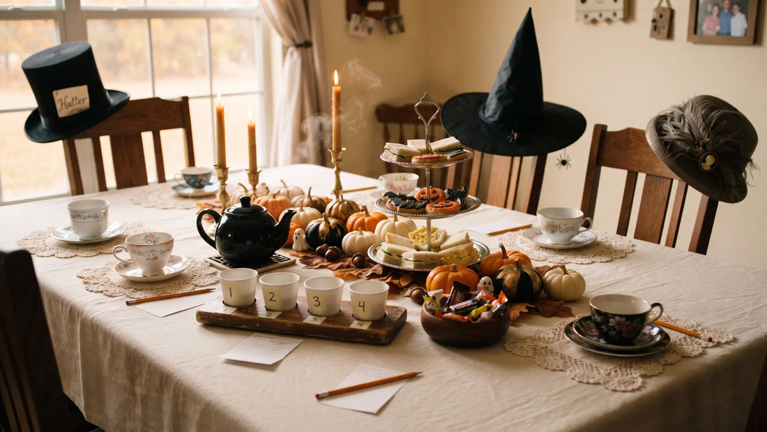 Halloween tea party games table with hats on chairs and 4 numbered tasting cups
