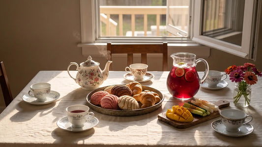Hispanic Heritage Month party ideas: a merienda tea table with pan dulce, teacups and hibiscus