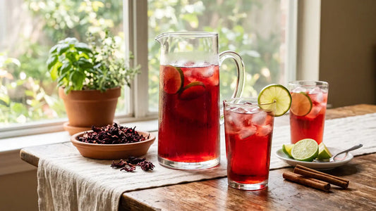 Pitcher of ruby agua de jamaica hibiscus tea with lime and cinnamon on a Texas table