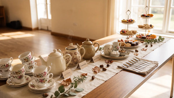 Tea station set up for a large group with teacups, 3 teapots, milk, sugar and a tiered stand