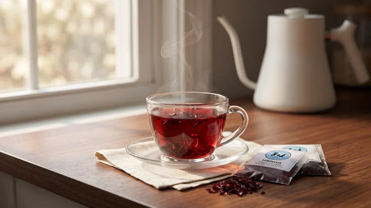 Loose leaf tea sachets beside a teacup and saucer ready to brew