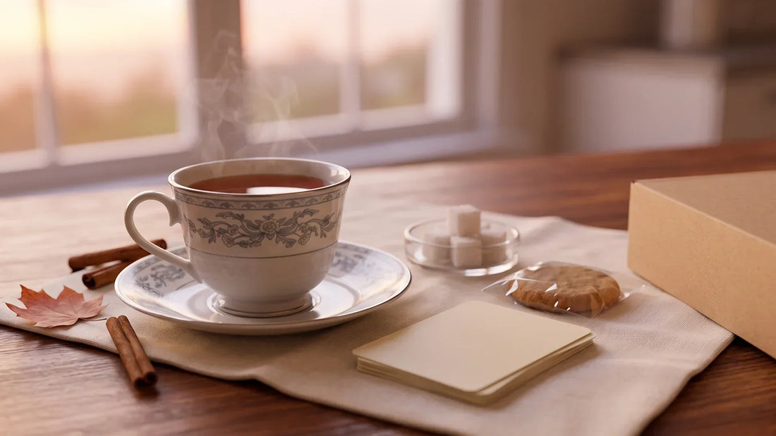 October tea subscription box moment with a warm cup, sugar cubes and reflection cards