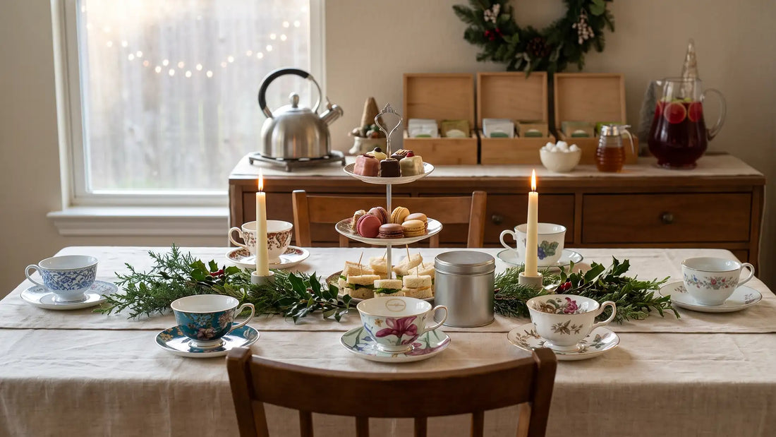 Holiday tea party table with mismatched teacups and a tea bar in place of a drinks bar