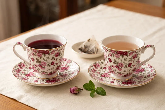 Hibiscus and Rose Garden pink tea boxes with a ruby cup and a pale floral cup on a wooden table
