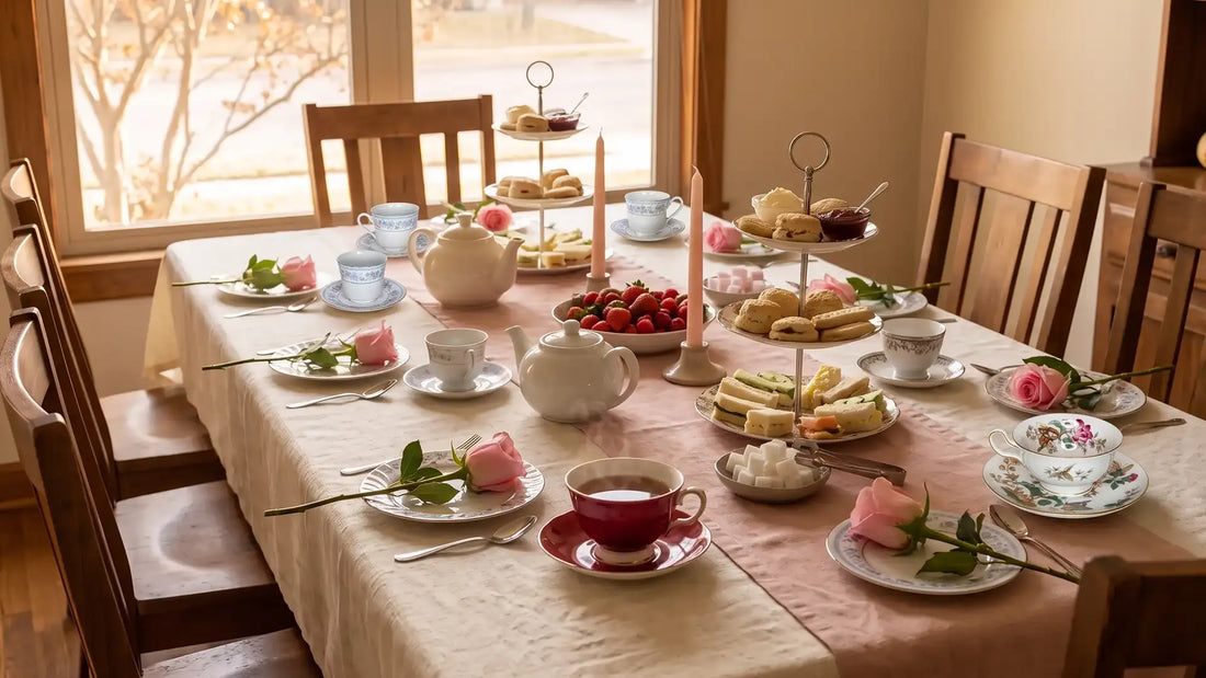 Pink tea party ideas for October: a table set with blush napkins and 1 flower at each place