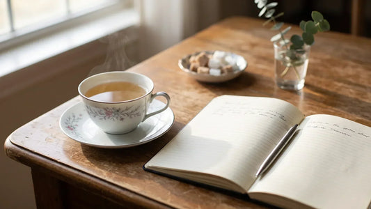 Cup of tea beside an open journal on a kitchen table for self-care reflection questions