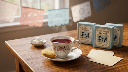 September monthly tea subscription box moment with a cup of hibiscus tea, sugar cubes, a cookie and reflection cards