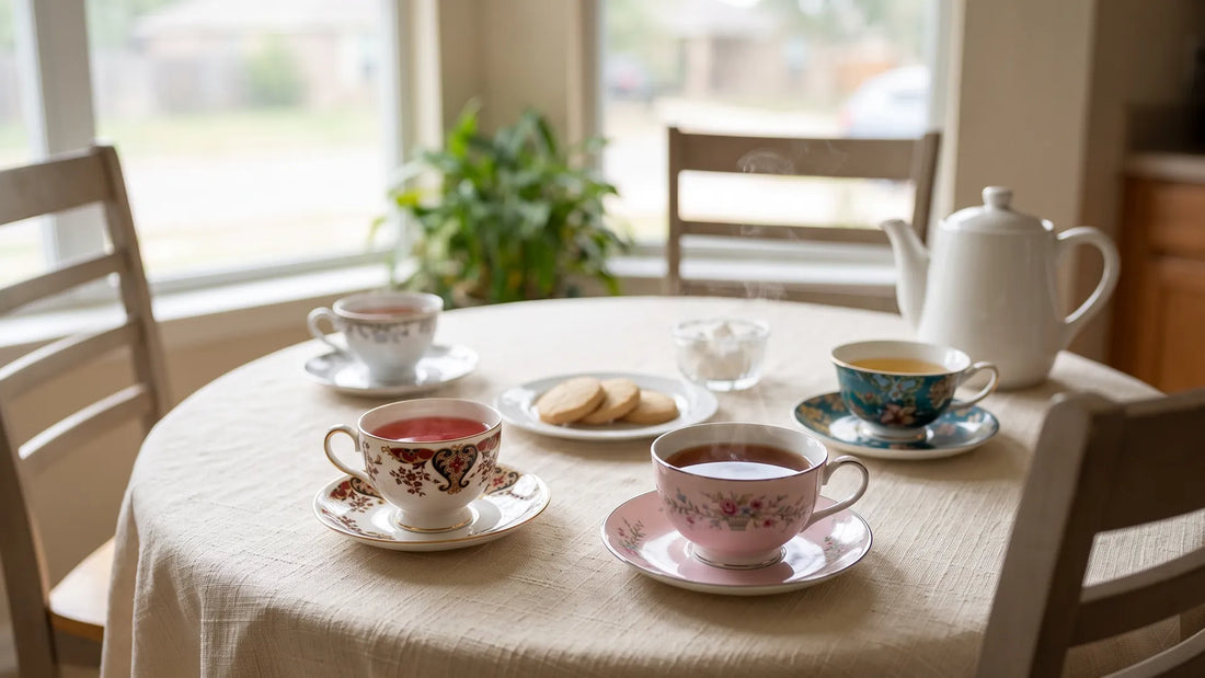 Small tea party at home for 3 with mismatched teacups, cookies and sugar cubes on a kitchen table