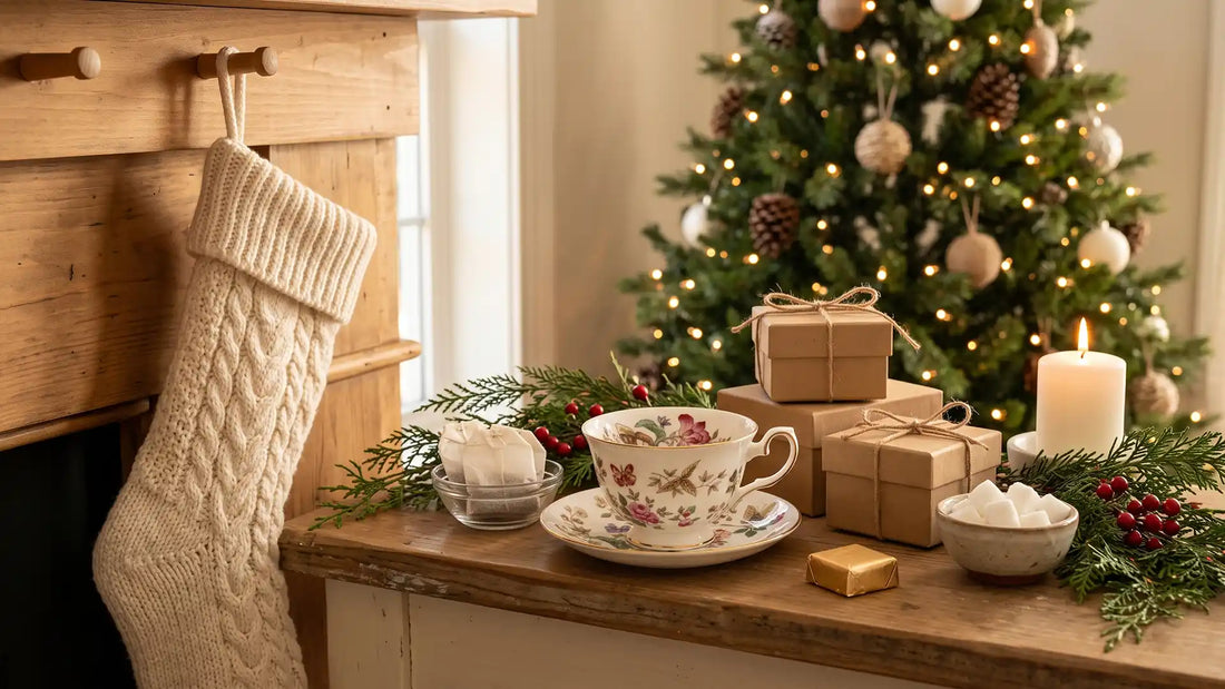 Christmas stocking on a mantel beside a teacup, small kraft gift boxes, and tea sachets