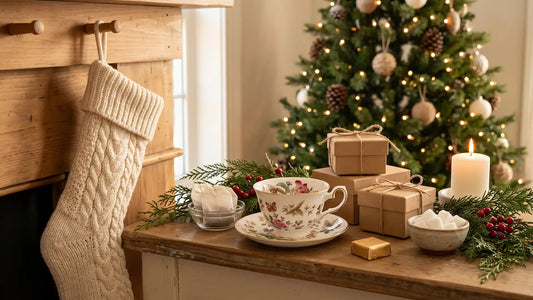 Christmas stocking on a mantel beside a teacup, small kraft gift boxes, and tea sachets