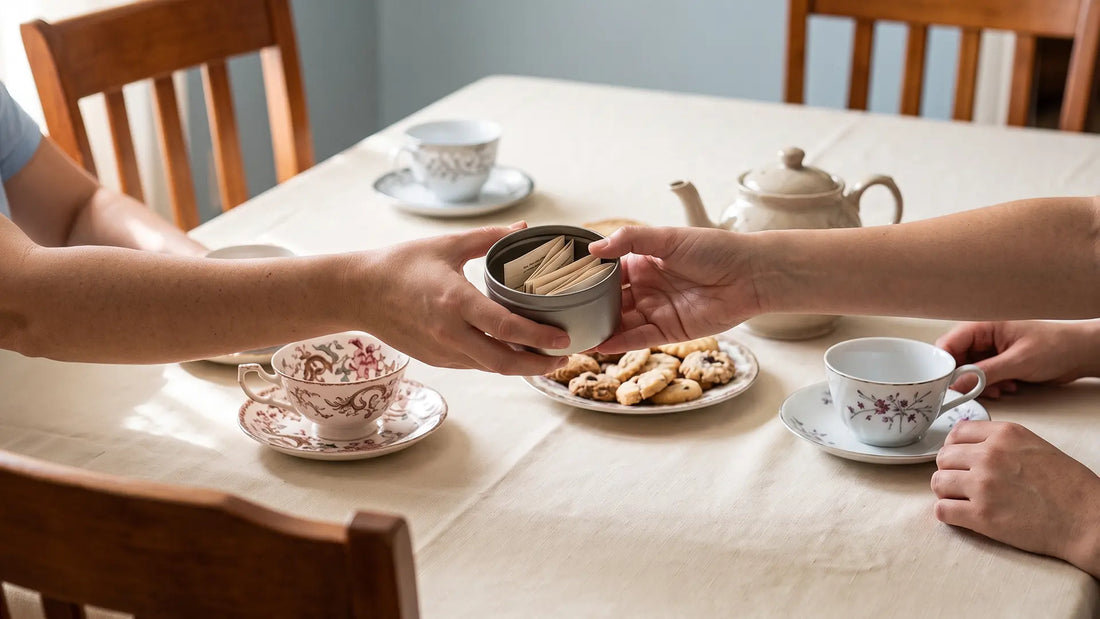 Guests passing a tea tin around a table while playing a conversation game for adults