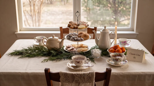 Christmas cookie tray with gingerbread, shortbread and crinkles beside a teapot and Classic Chai