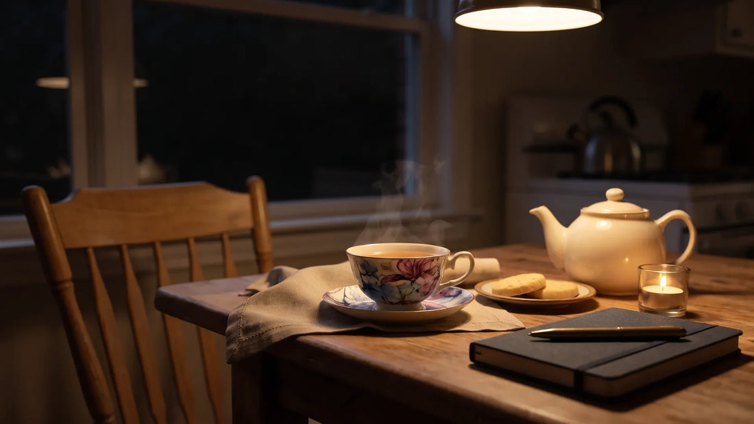 A tea party for one set at a kitchen table at night with a teacup, candle, and journal