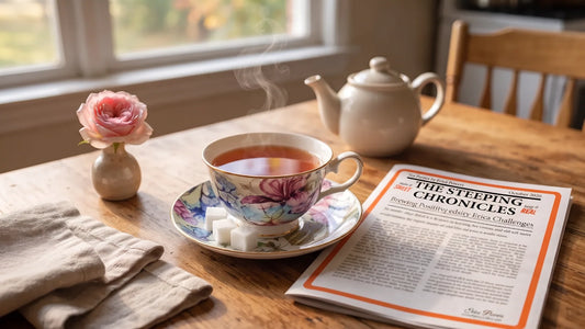 The Steeping Chronicles October letter beside a floral teacup of tea on a kitchen table