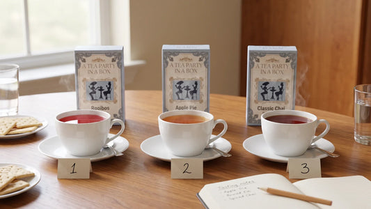 Tea tasting at home: 3 matching cups of Rooibos, Apple Pie and Chai with a notepad