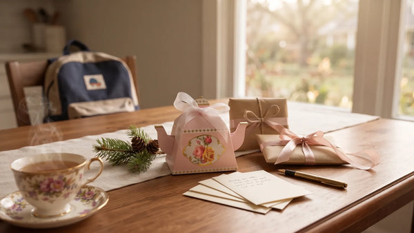 Teacher gift ideas wrapped on a kitchen table with a teapot sampler and handwritten cards