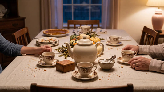 Thanksgiving table after dinner with a teapot, pumpkin pie and mismatched vintage teacups