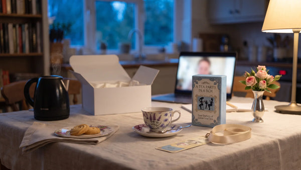 Virtual tea party ideas: laptop, kettle and an open mini tea party box on a kitchen table