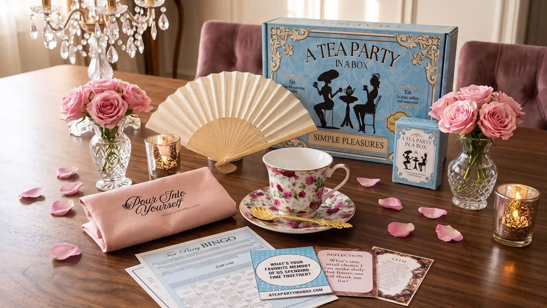 Simple Pleasures tea party in a box with a teacup and saucer, ready to gift