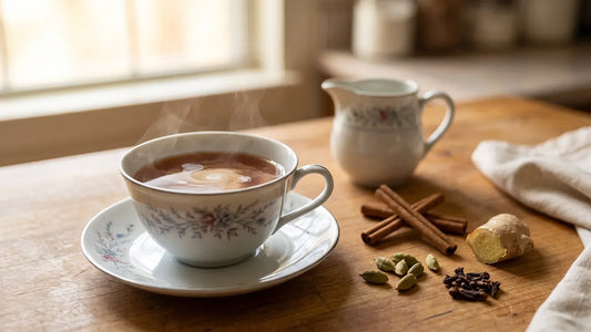 Cup of chai tea with milk swirling in, beside cinnamon sticks, cardamom pods and cloves