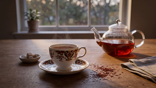 Rooibos sachets beside a cup of deep red Caffeine-Free rooibos tea on a kitchen counter