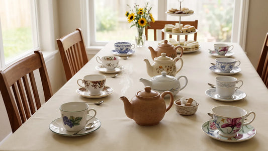 Three teapots on a table set for a tea party with mismatched teacups and a tiered tray