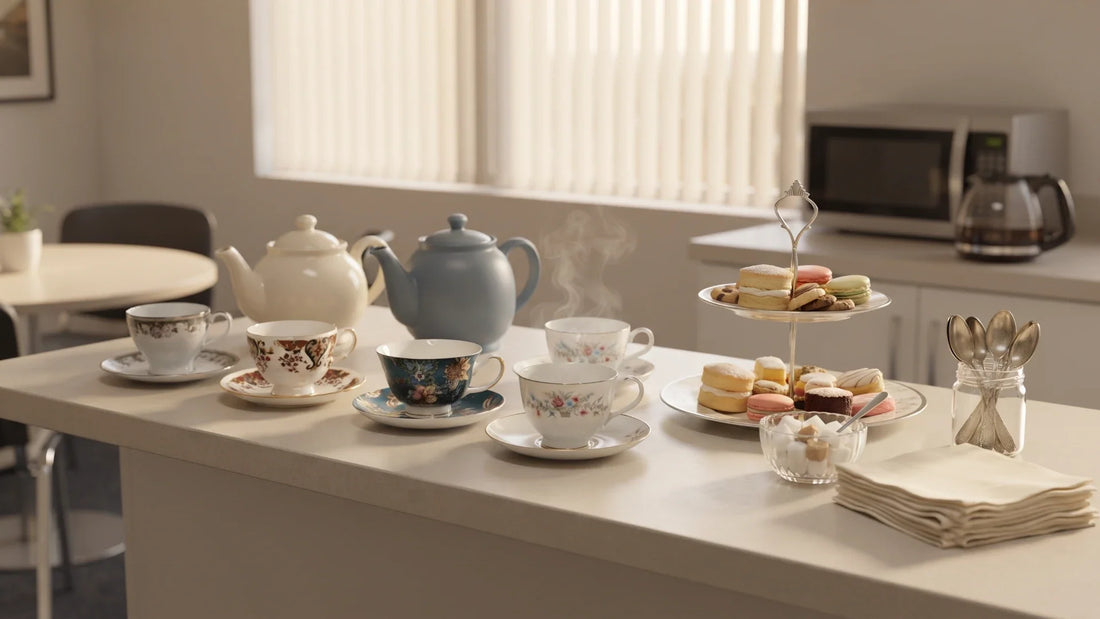 Office break room counter set for a workplace tea break with teapots, teacups and a tray of treats