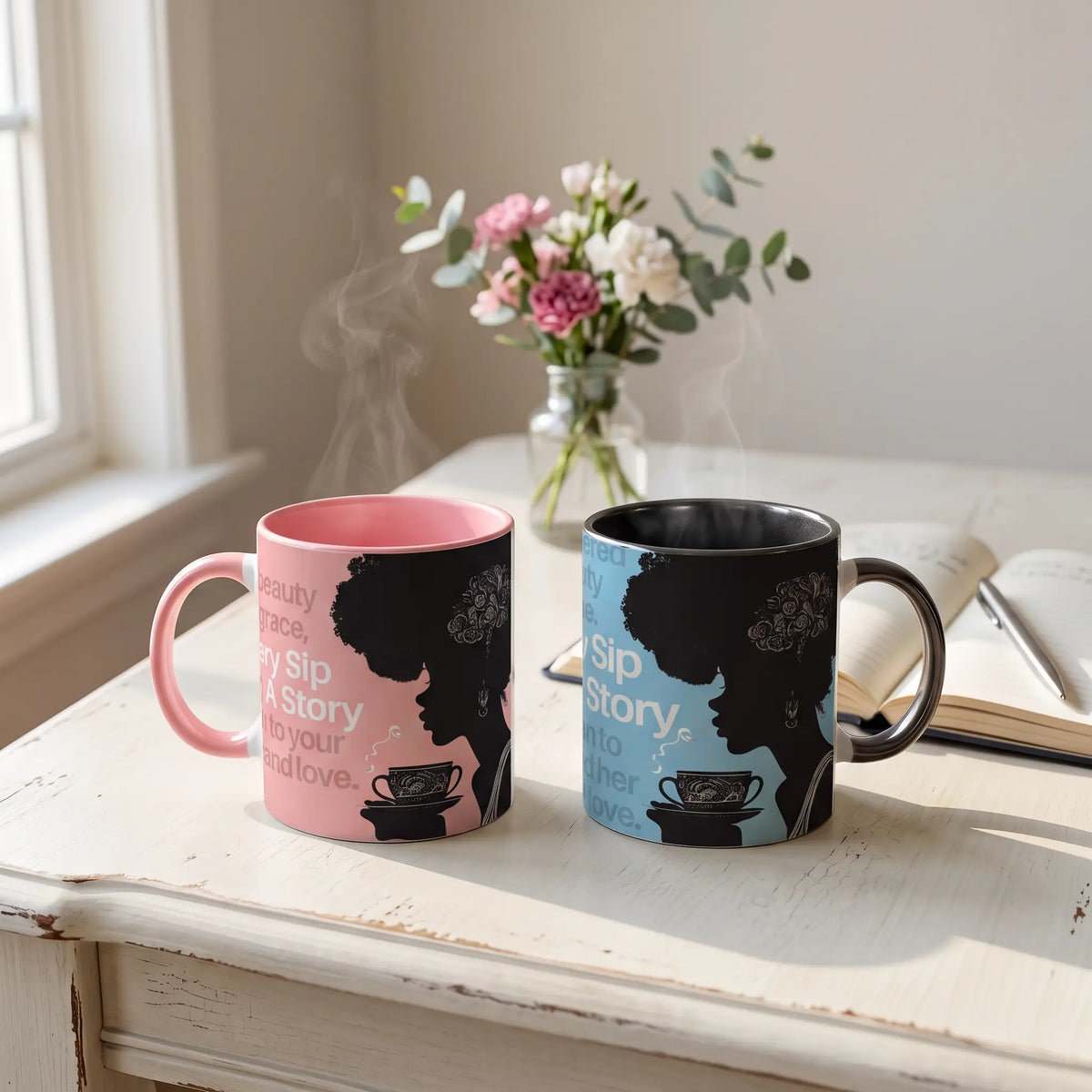 Black Girl Magic tea mugs: pink and blue Every Sip Tells A Story mugs with a Black woman silhouette on a table