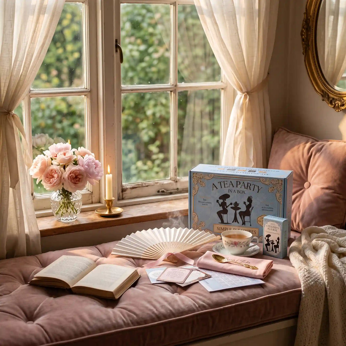 Tea party for one: Simple Pleasures tea box with a rose teacup on a window seat with roses and an open book