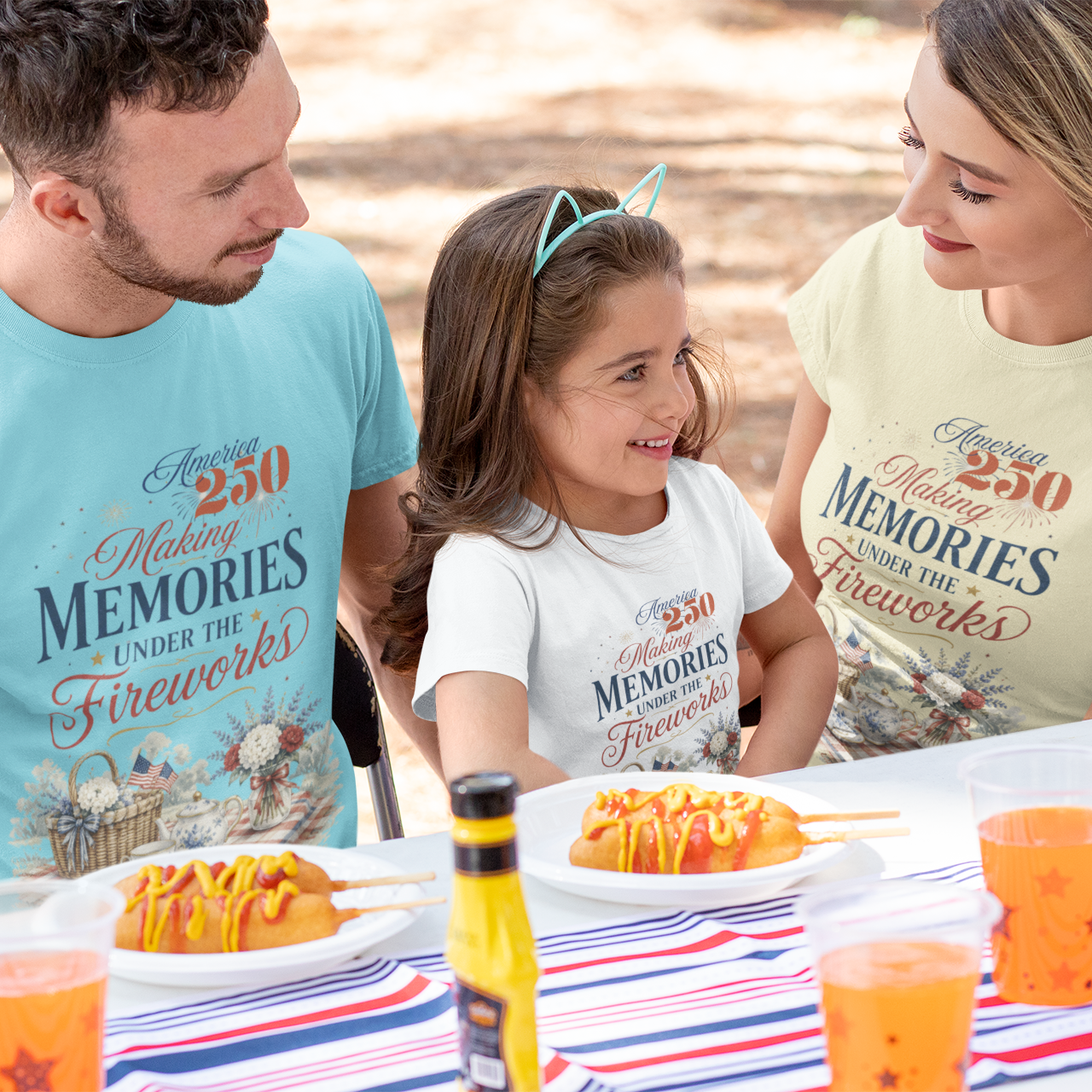Family of three at a picnic table with 'Making Memories' t-shirts.