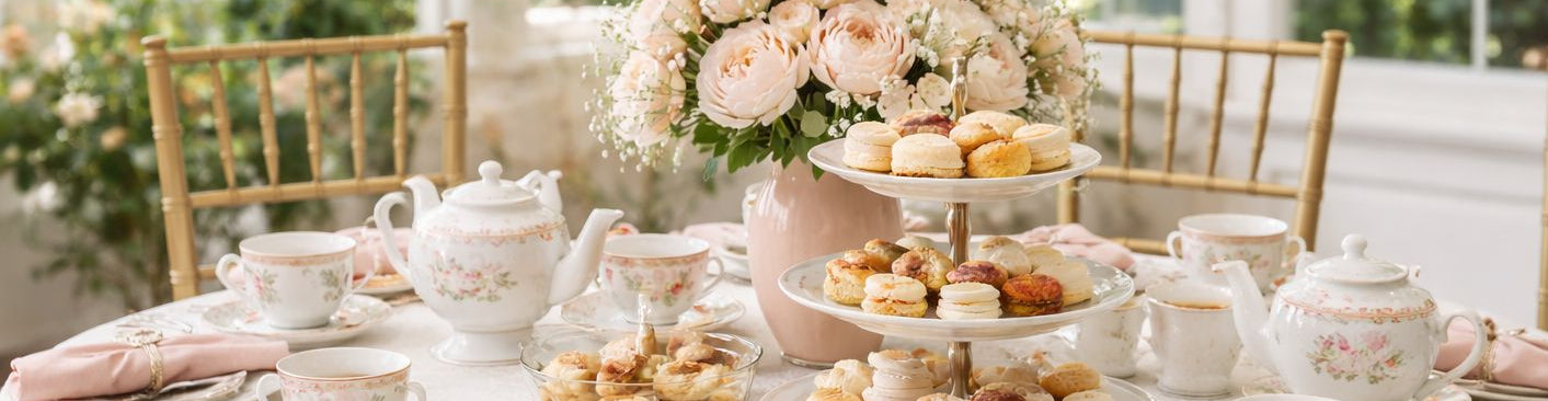 Elegant tea party setup with teacups, teapots, and pastries on a table in a bright room.