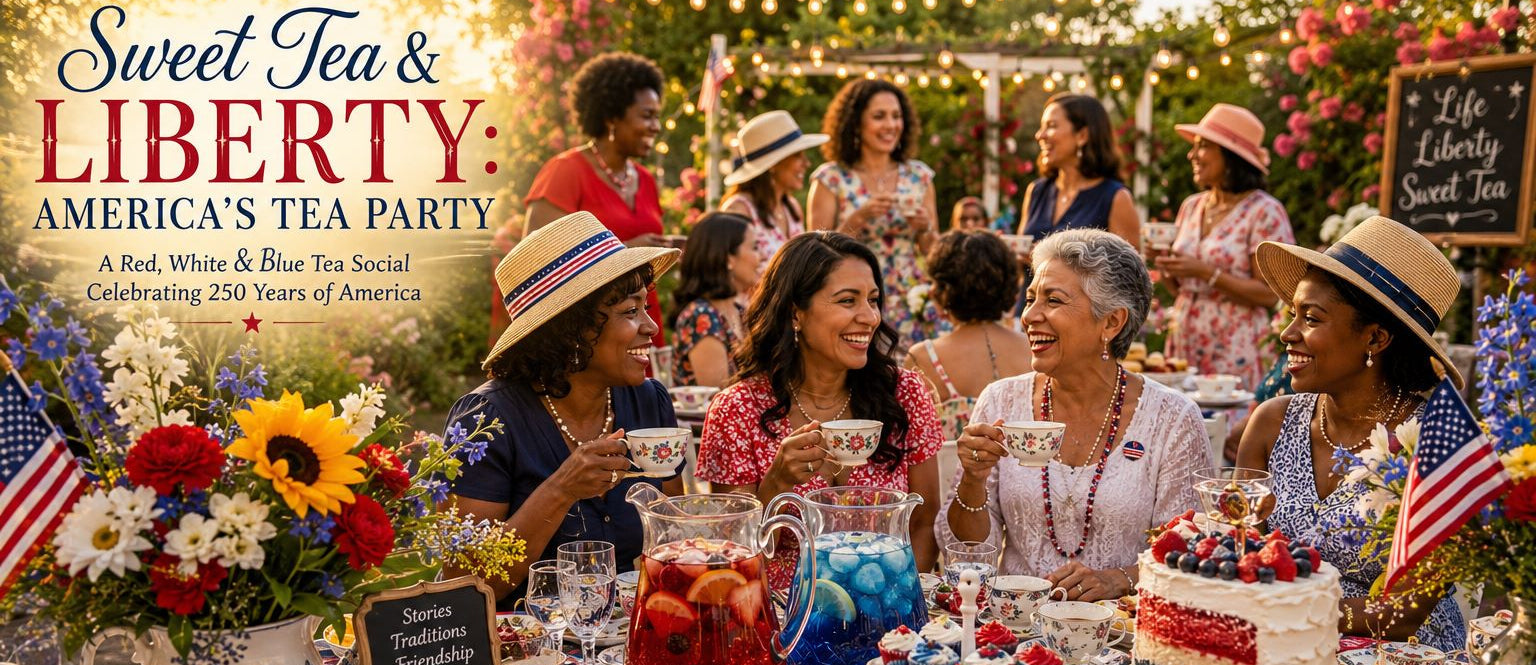 Tea party celebration with people and a table set with tea, snacks, and a cake.
